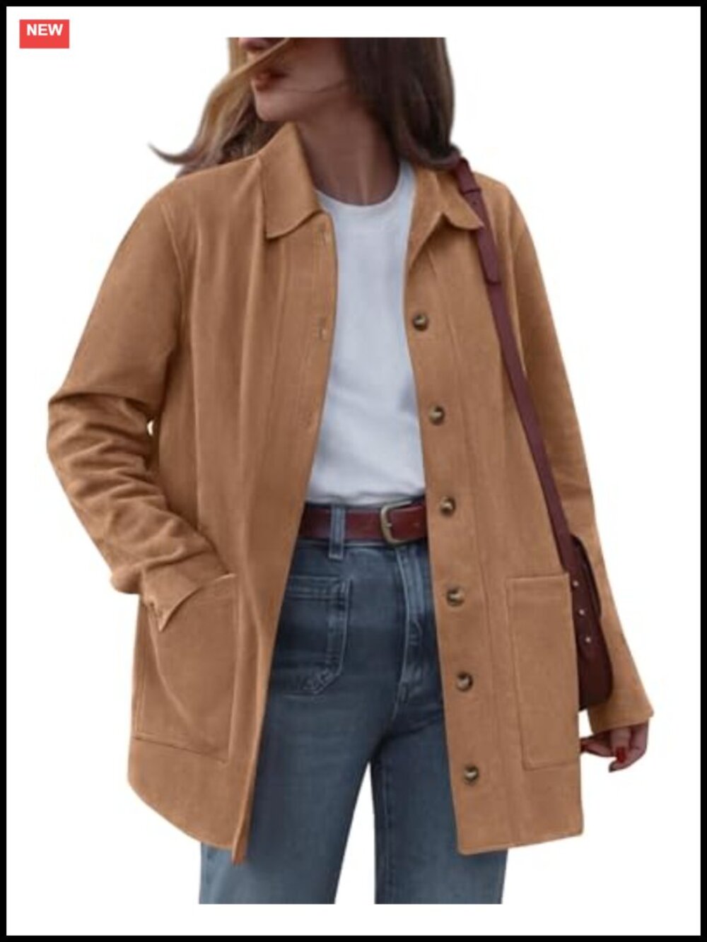 Faux Suede Jacket Women Button Down Long Sleeve Lapel Collar Casual Fall